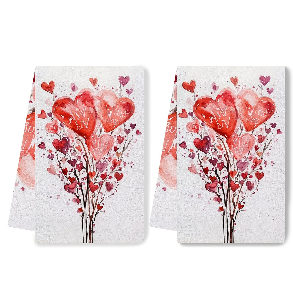 Set of 2 Valentine's Day Kitchen Towels Heart and Tulip Designs Super Absorbent 16x24 Inches