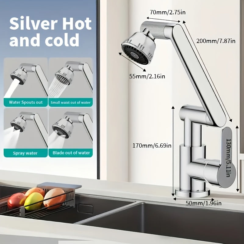 Black Bathroom Faucet with Hot and Cold Water, Four Spout Modes, Mechanical Arm