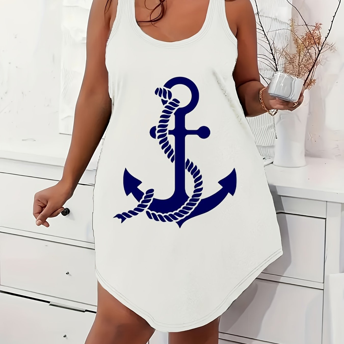 Plus Size Women's Sleeveless Nightdress with Nautical Anchor Print in White