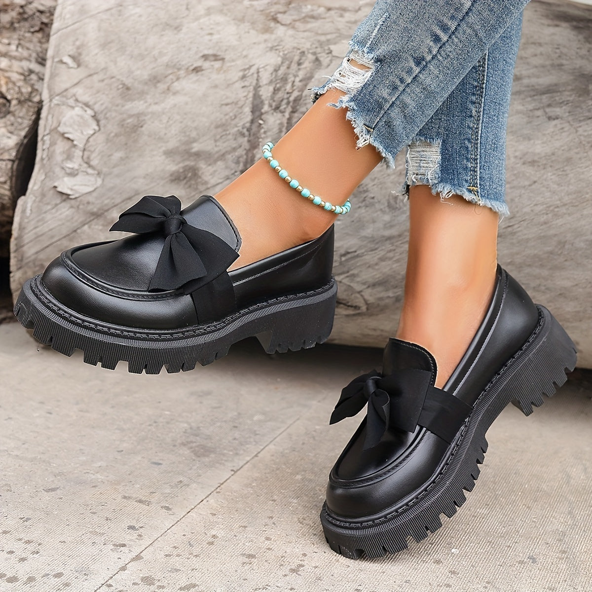 Women’s Synthetic Leather Slip-On Penny Loafers with Bow Flats