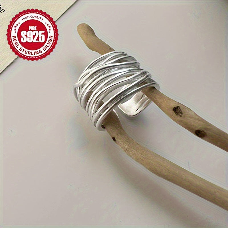 Sterling Silver Wide Ring Adjustable Open Design Matte Jewelry for Women