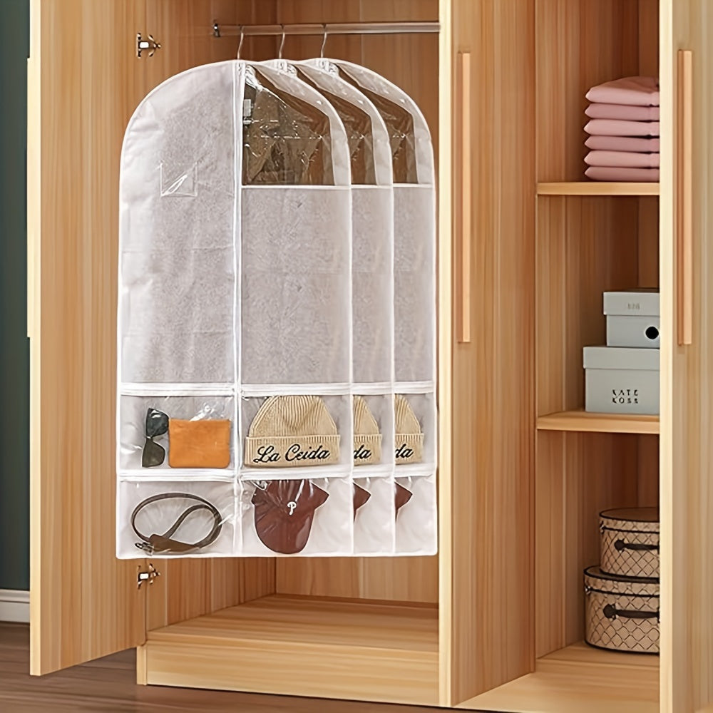 Funda de traje plegable blanca con múltiples bolsillos, bolsa de ropa a prueba de polvo para viajes y almacenamiento