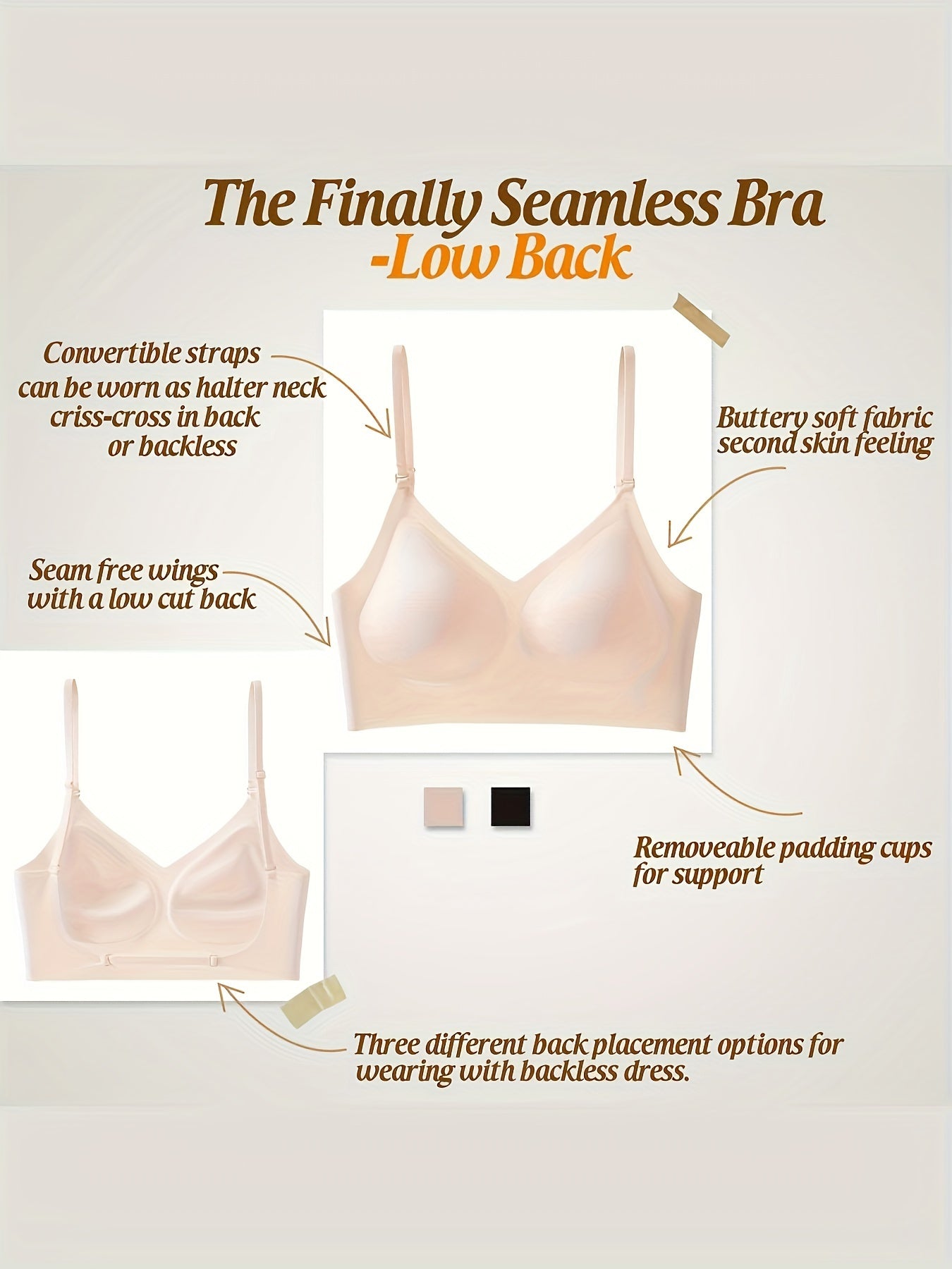 Wireless Bra for Women Removable Pads Backless Breathable Nylon Blend