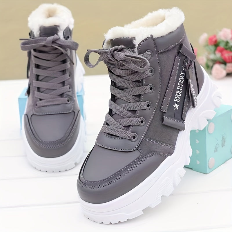 Women's Fluffy Solid Color Lace-Up Winter Snow Boots