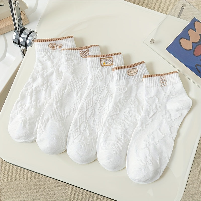 Pack de 5 calcetines cortos blancos de verano para mujer, calcetines de tobillo de punto para uso casual
