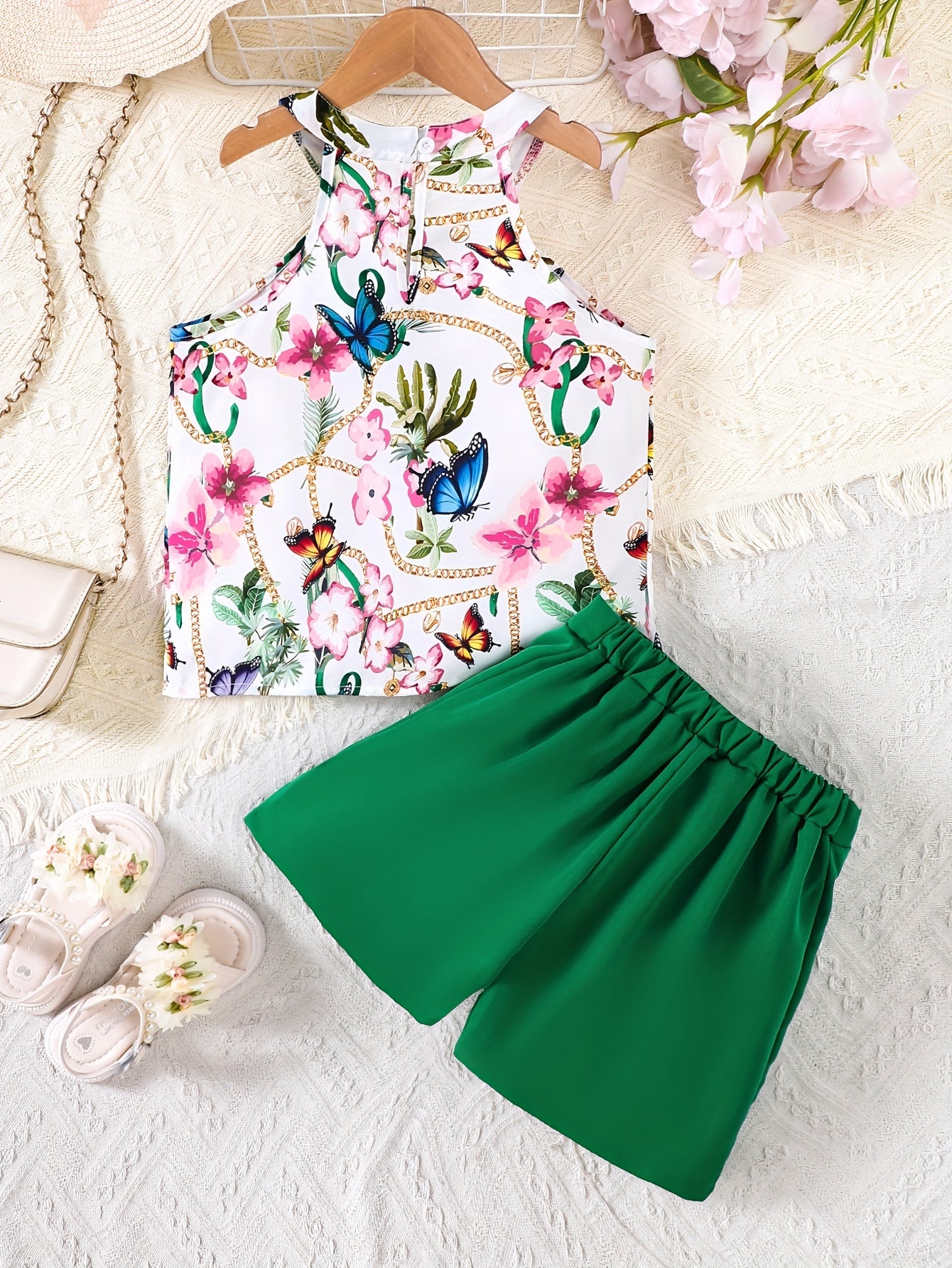 Yozgi faoliyatlar yoki sovg'alar uchun yurak, gullar va kapalak grafikalariga ega bo'lgan halter tepa va tugmachali shortlardan iborat 2-qismli to'plam.