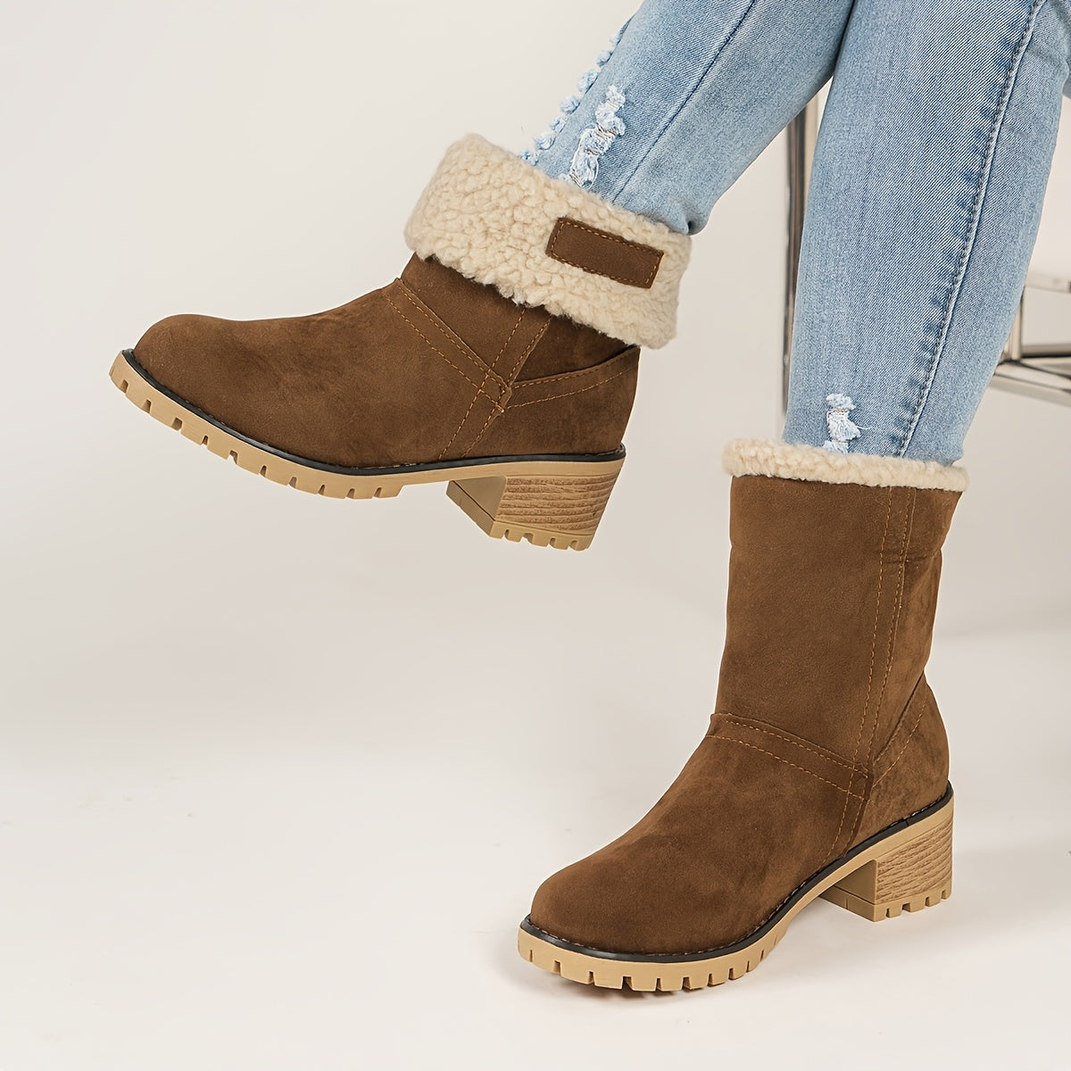 Women's Slip-On Casual Ankle Boots Nude Chunky Heeled Winter Warm Short Boots