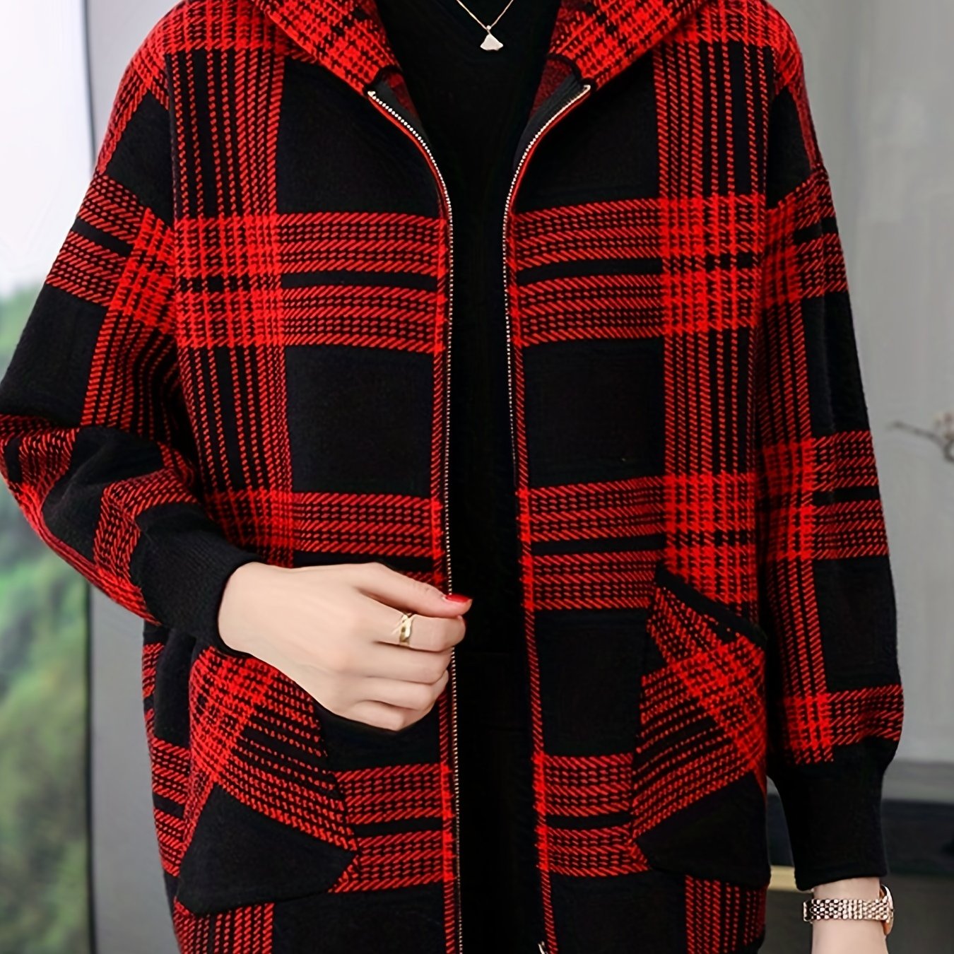 Women's Casual Plaid Hoodie Jacket Long Sleeve Spring Fall Black White Polyester Blend Loose Fit