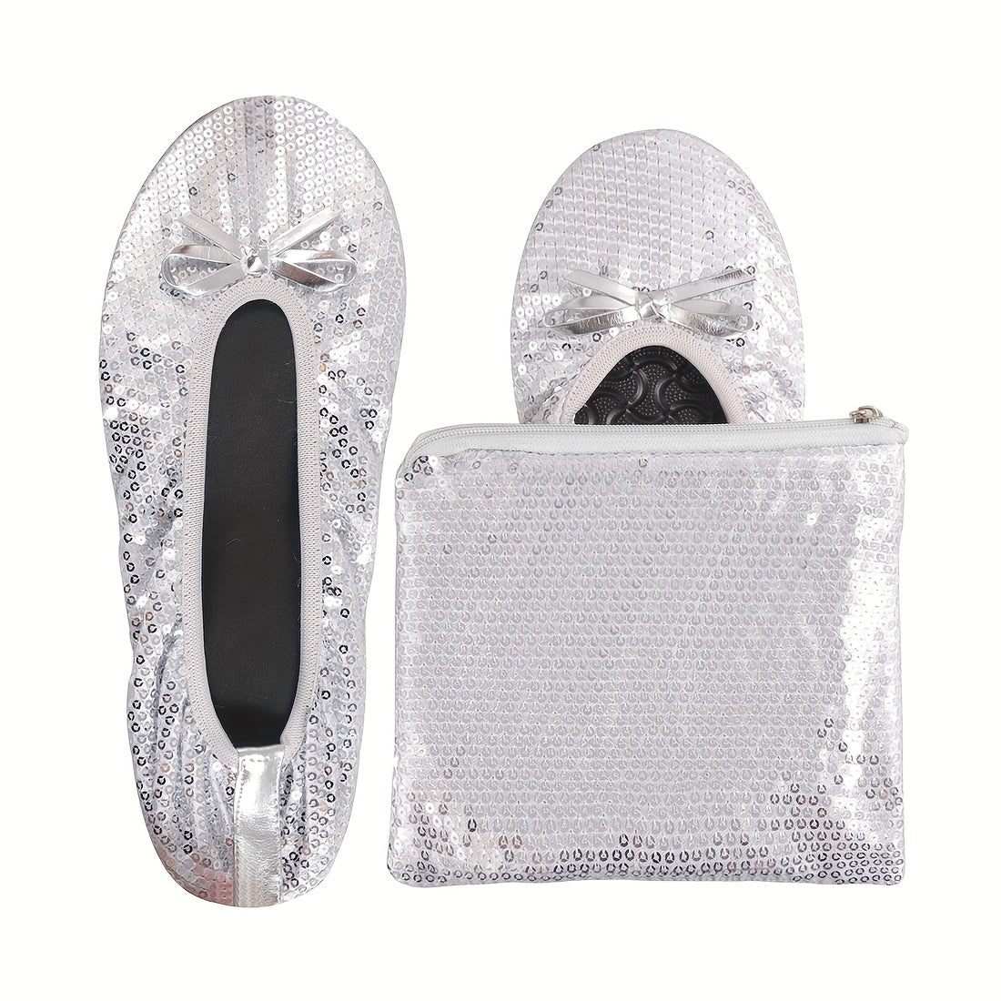 Women's Ballet Flats Foldable Travel Shoes with Removable Pouch Black