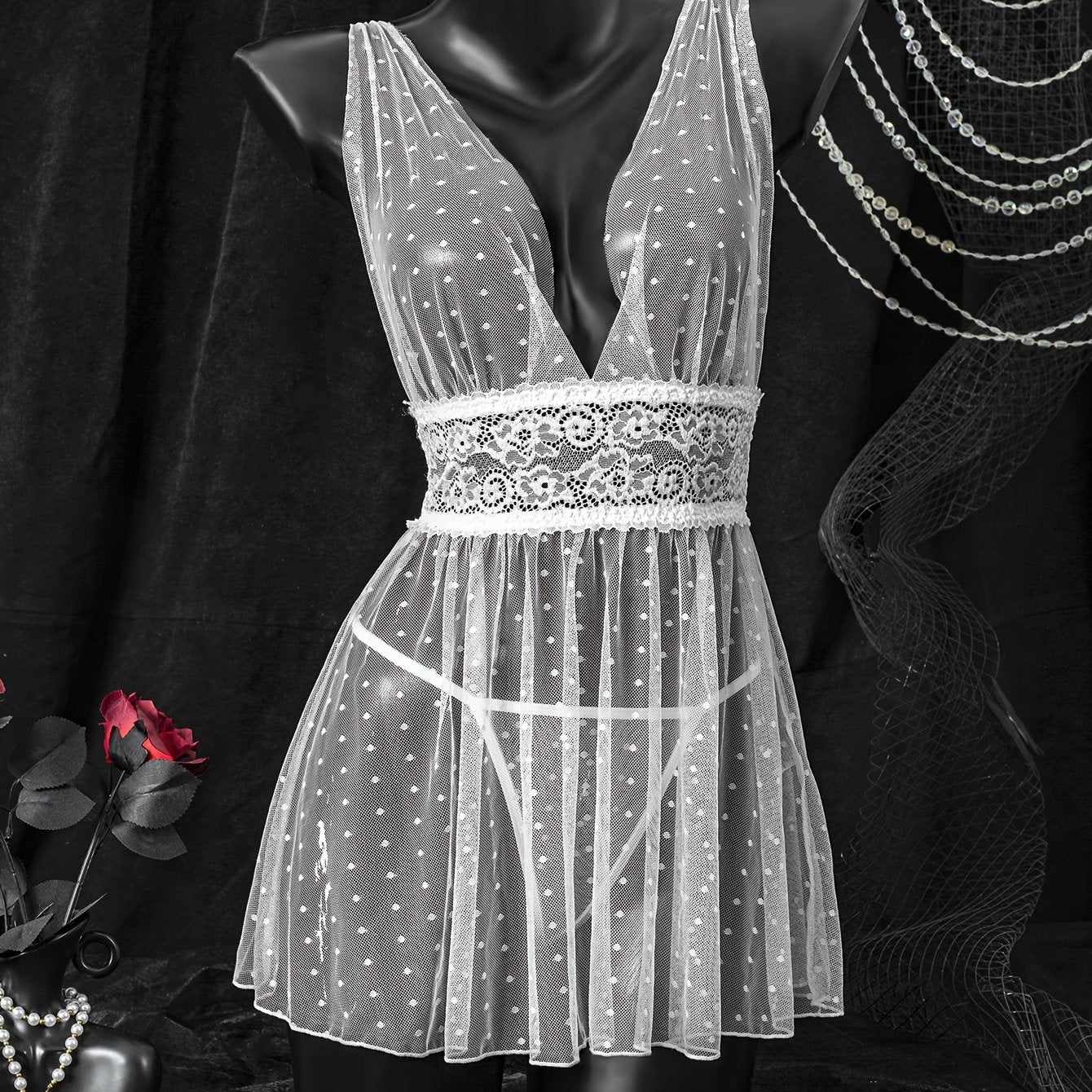 Velvet Lace Skirt Set with Bow Strap and Thong for Women