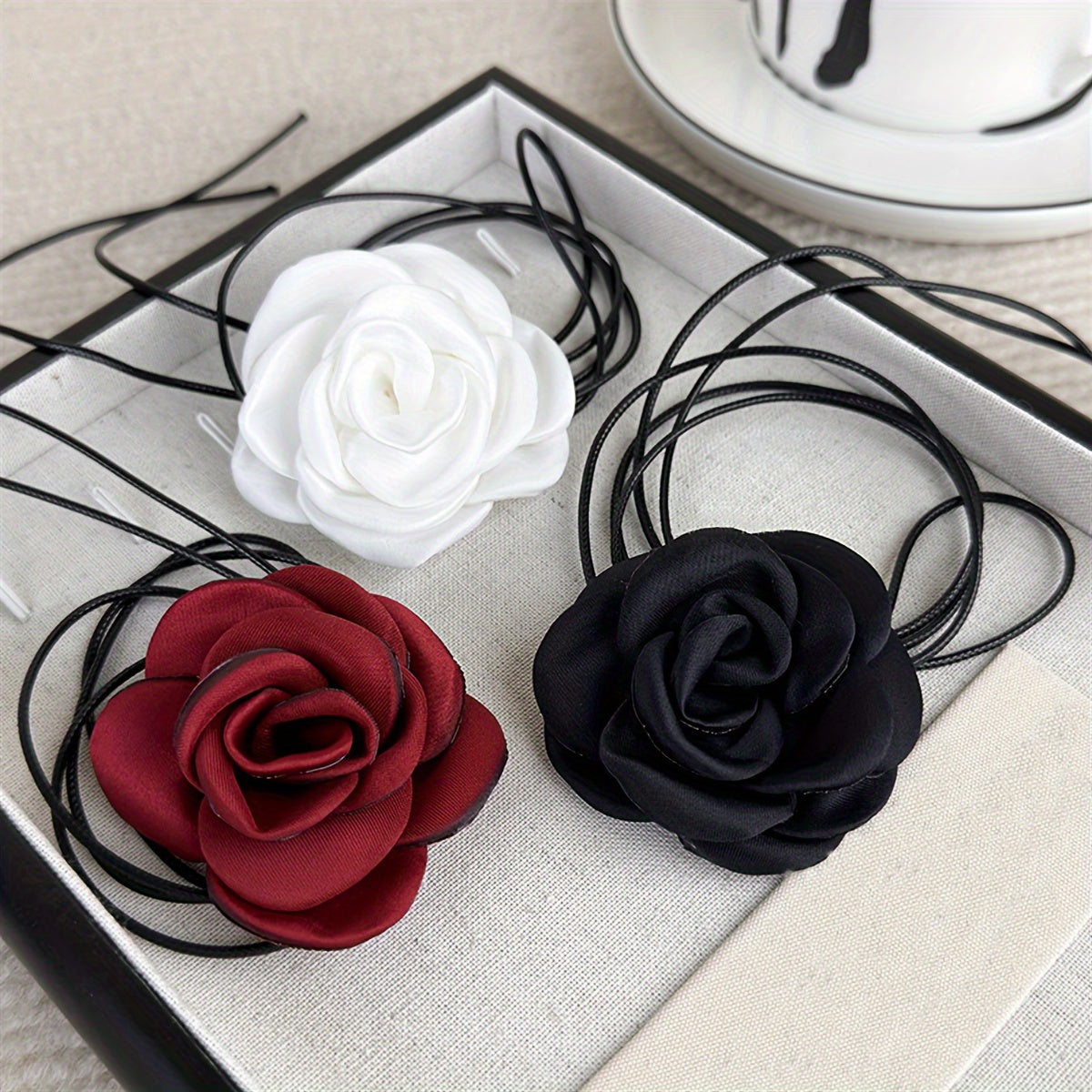 Set of 3 Fabric Rose Flower Necklaces for Women Multiway Jewelry for Parties and Daily Wear