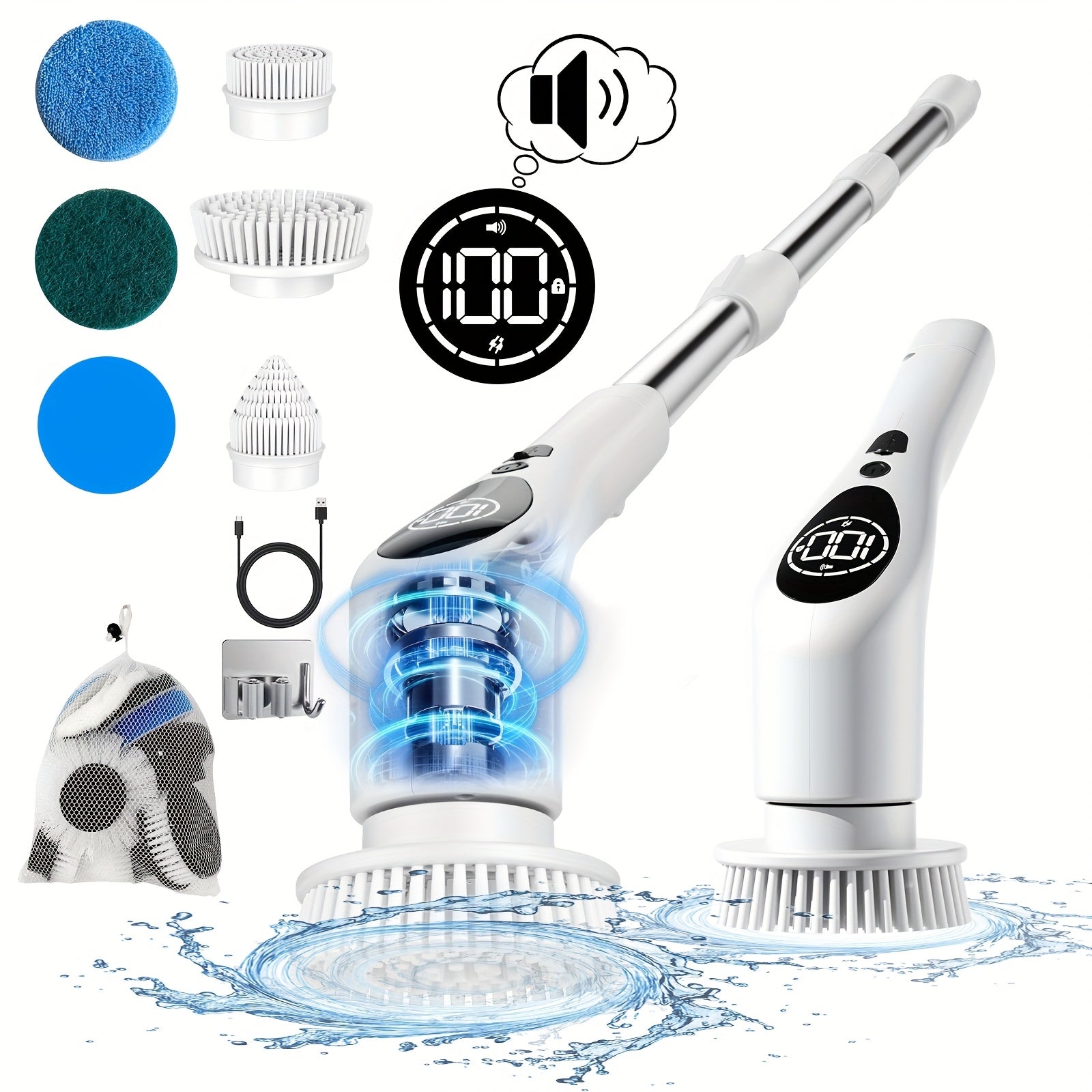 Electric Cleaning Brush with Long Handle 10-in-1 Accessories Adjustable Speed Voice Function