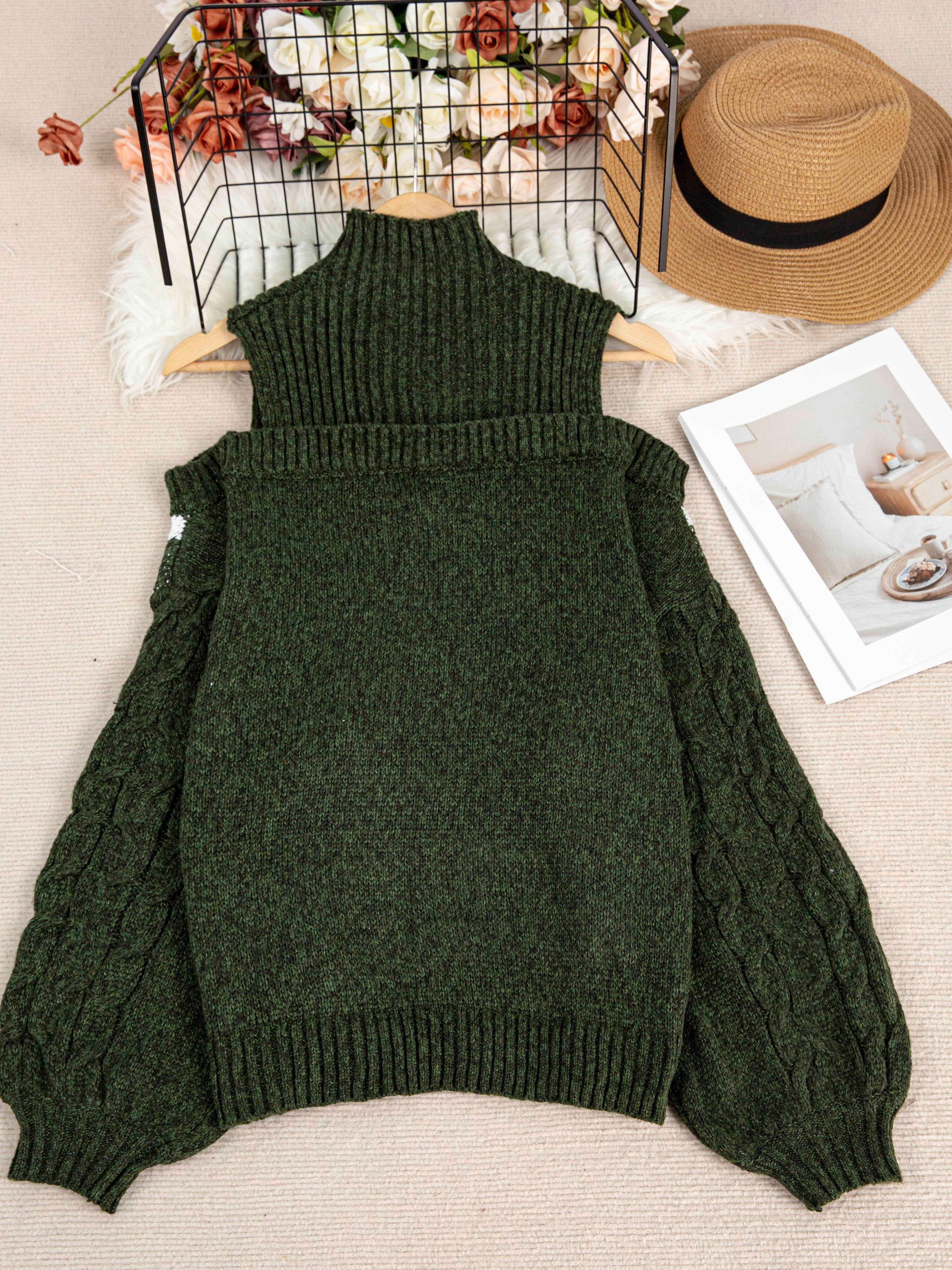 Plus Size Off-Shoulder High Neck Cable Sweater Striped Grey White Pullover