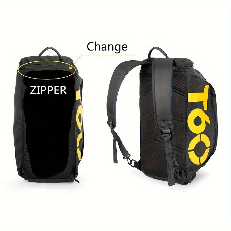 Large Waterproof Gym Bag Nylon Sports Travel Bag with Zipper Closure Black and Yellow Letter Design