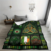 Flannel Fleece Blanket with Celtic Triquetra and Clover Motifs Green Black Seasonal Comfort