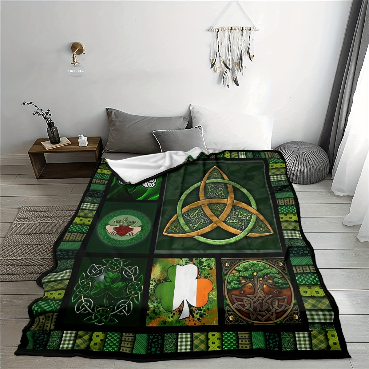 Flannel Fleece Blanket with Celtic Triquetra and Clover Motifs Green Black Seasonal Comfort