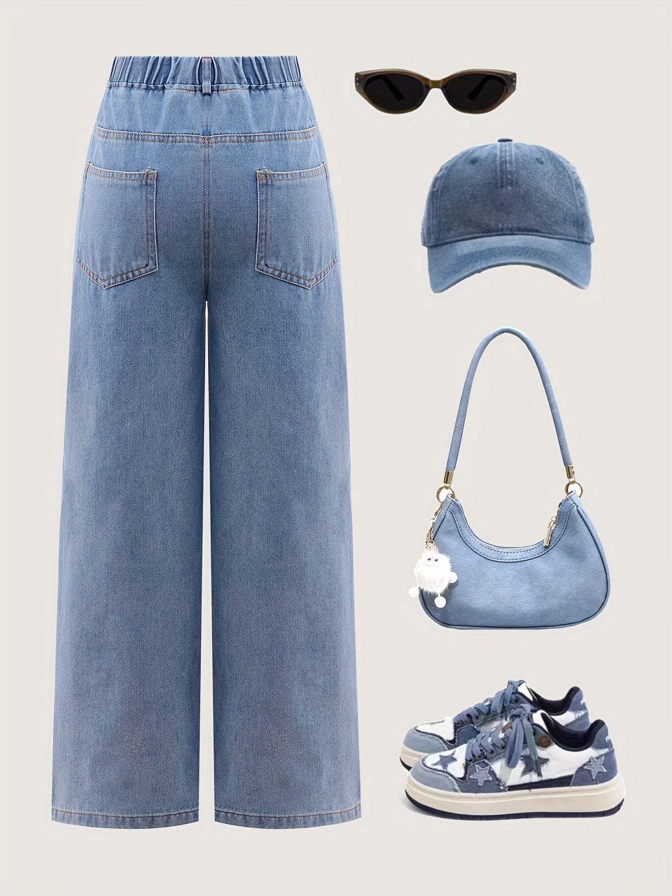 Girls' Wide Leg Denim Jeans for Girls Over 3 Years Cartoon Bear Letter Print Street Style