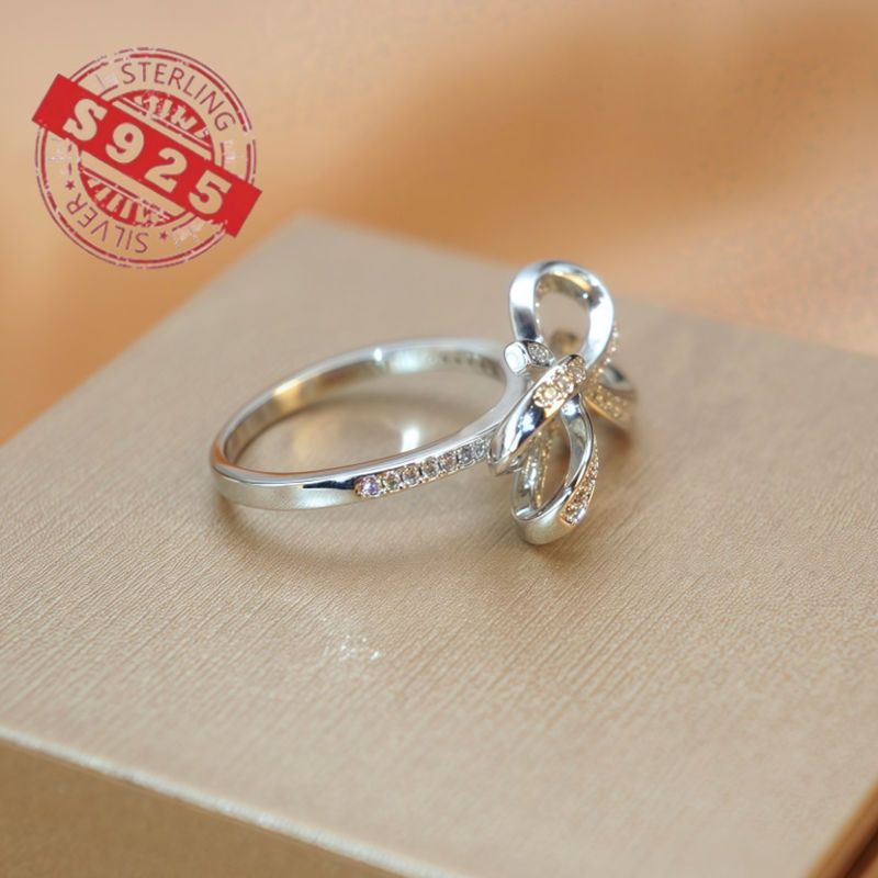 Sterling Silver Ribbon Bow Tie Ring with Zirconia for Birthdays and Weddings