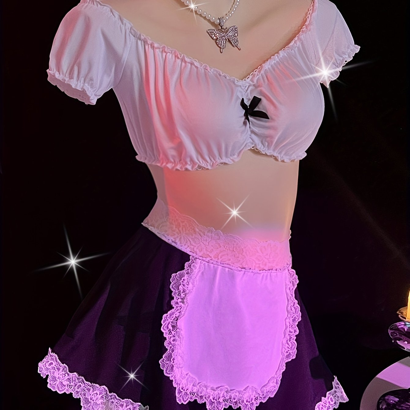 Women's Off-Shoulder Maid Costume with Lace Details Polyester Elastane Not See-Through