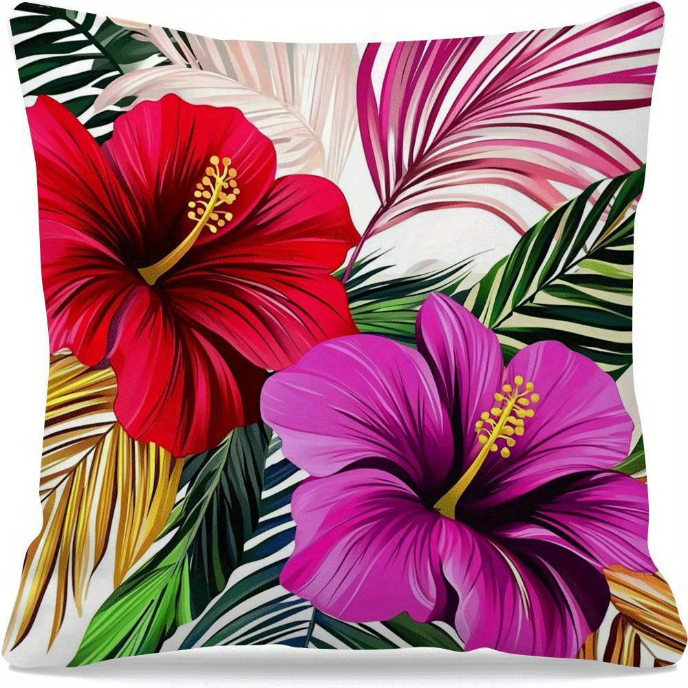 Hibiscus and Palm Print Pillowcase 45cm Polyester Zippered All-Season Cushion Cover