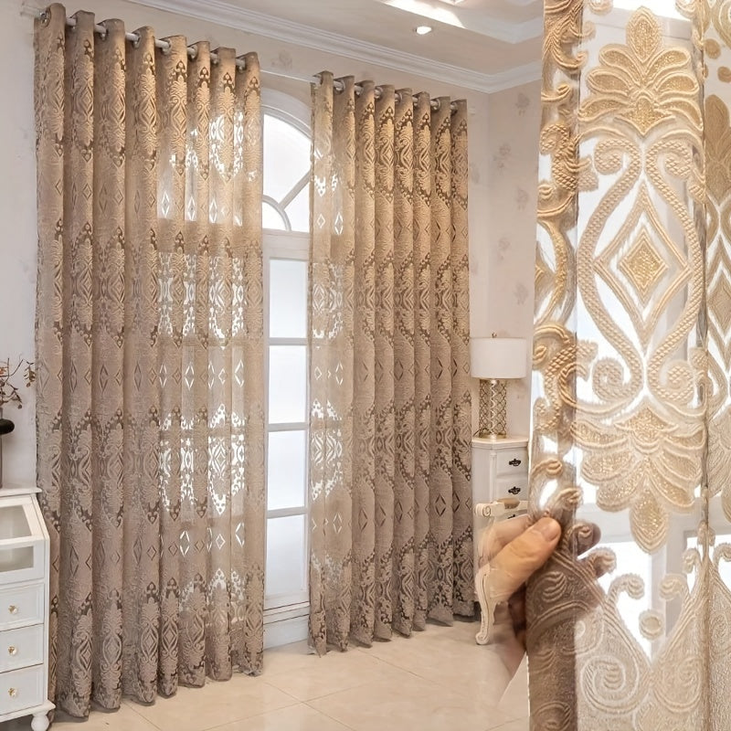 Sheer Curtains Set of 2 Brown and White European Villa Style Jacquard Embroidered for Living Room Bedroom