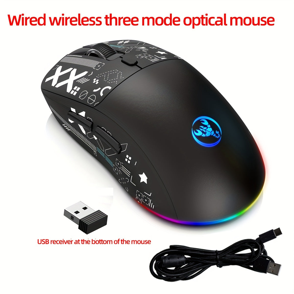 Wireless Gaming Mouse RGB Lighting USB-C 3 DPI Settings Right-Handed Plug and Play