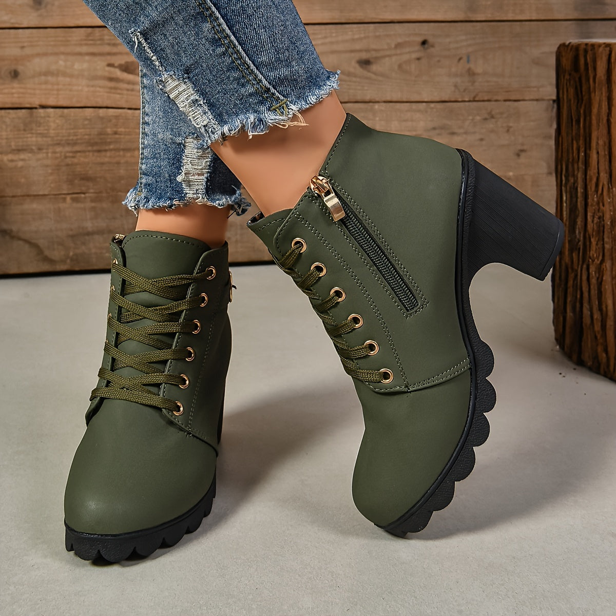 Women's Faux Cover Ankle Boots with Lace-Up, Side Zipper, Chunky Heel