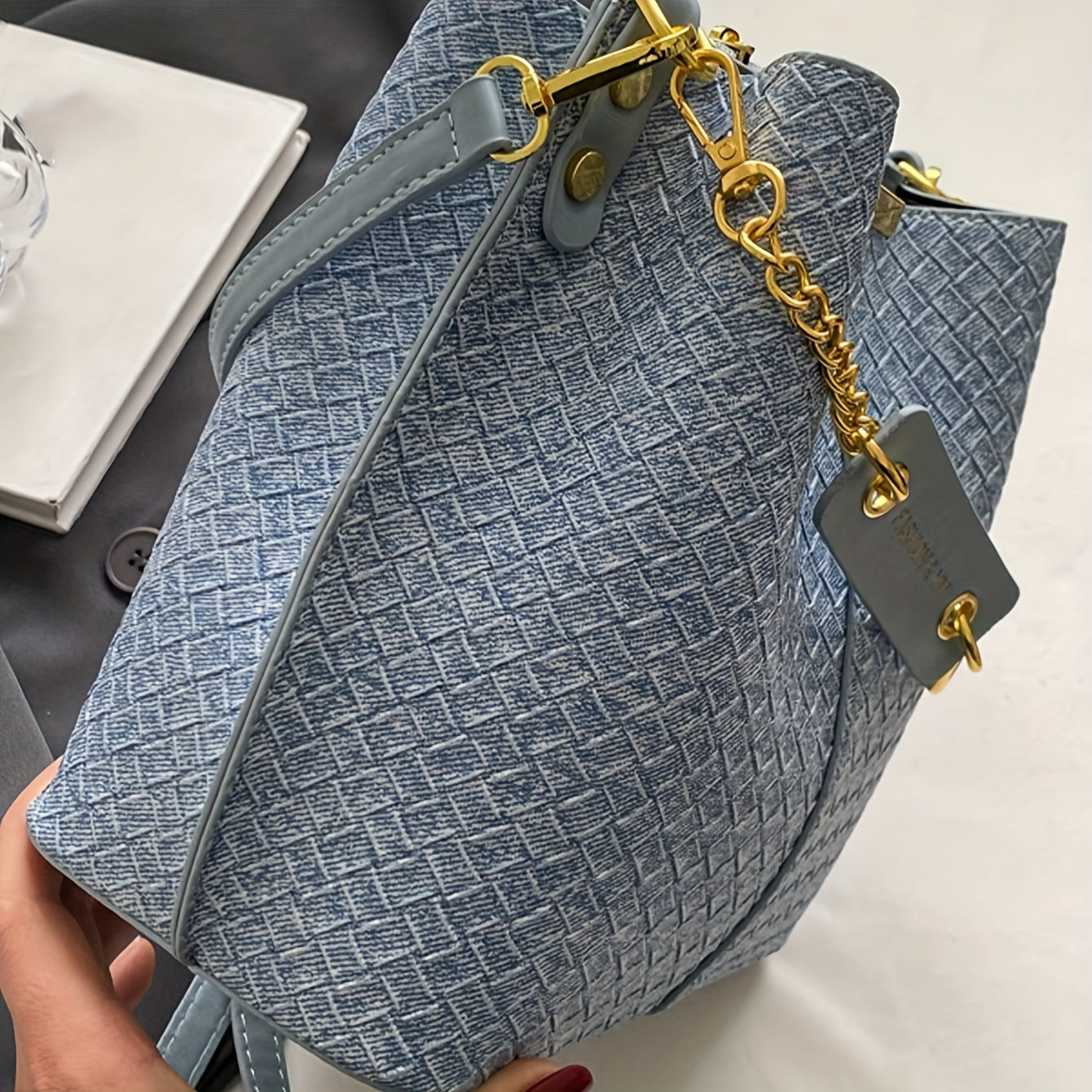 Women's Blue Plaid PU Crossbody Bag with Adjustable Shoulder Strap for Work and Casual Use