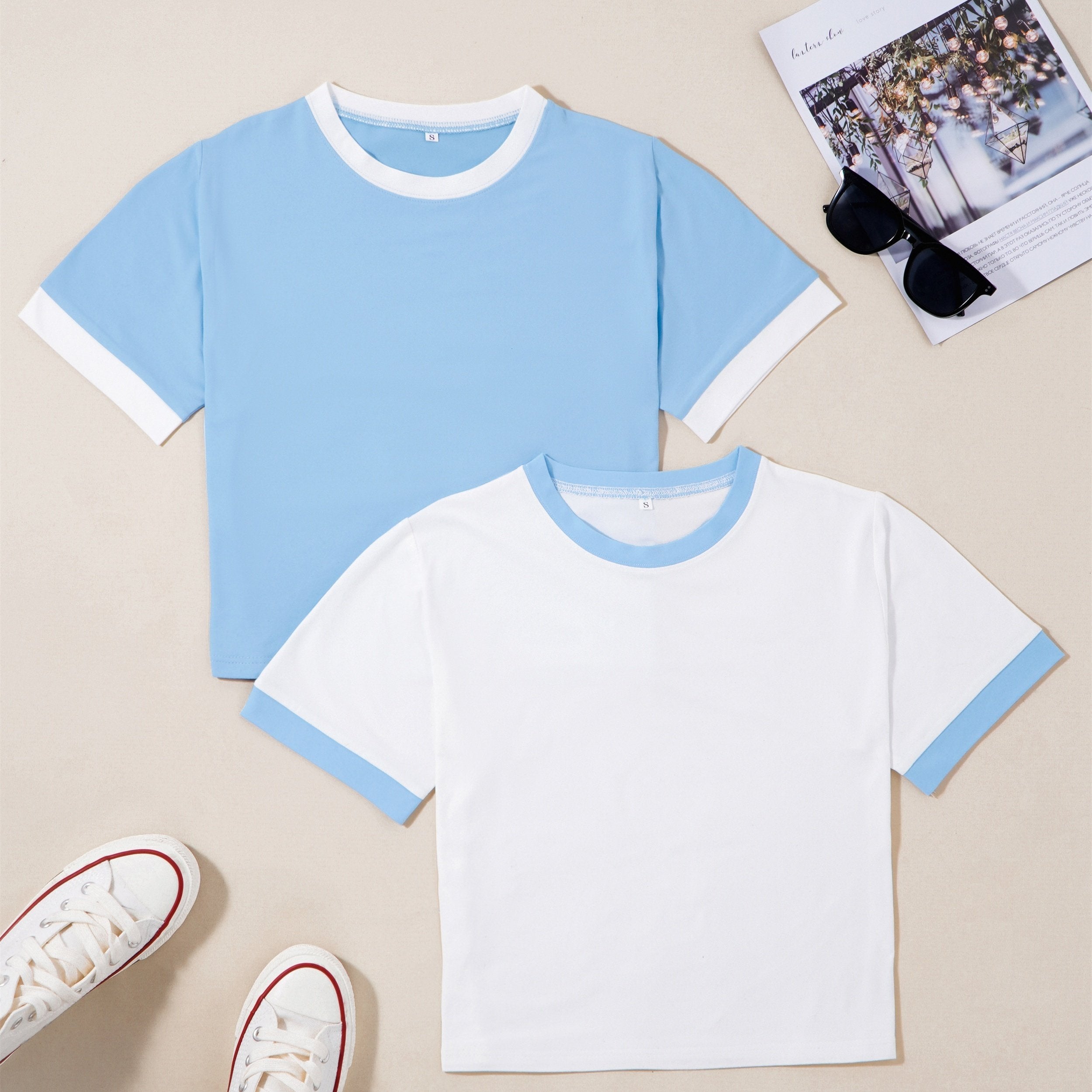 Women's Summer Short Sleeve Splicing Top Solid Color Slim Fit Polyester Knit Crew Neck Casual