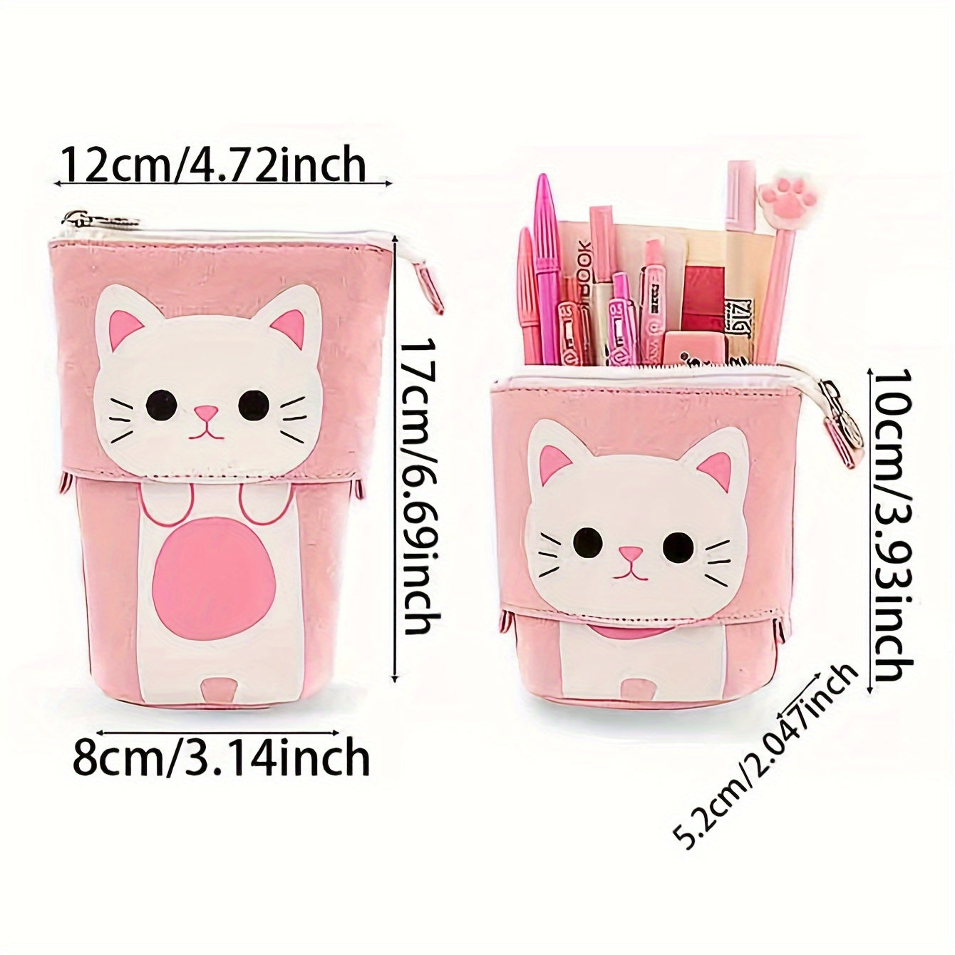 Canvas Cat Pencil Case with Zipper, Expandable, 2-in-1 Telescopic Pouch for Students