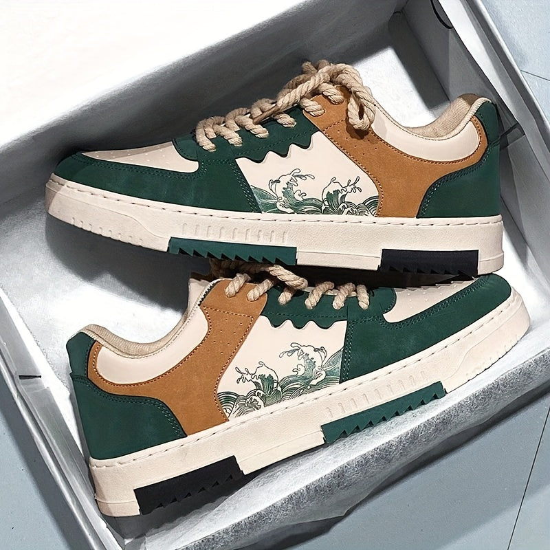 Vintage Streetwear Sneakers with Color Block Waves Pattern Lace-Up Casual Shoes