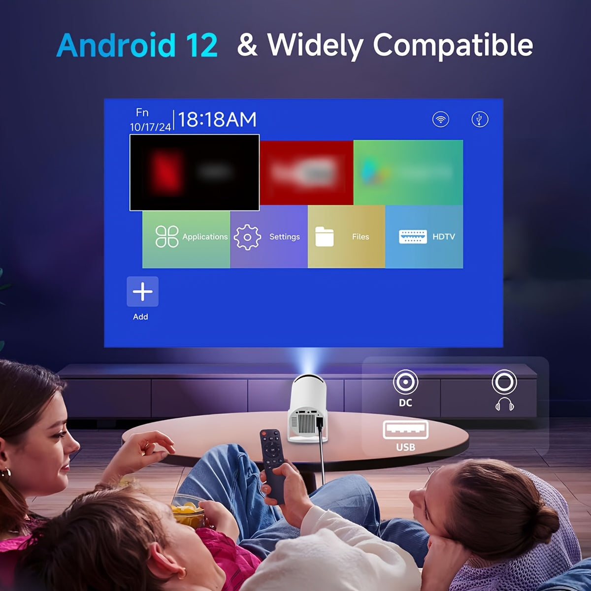 Mini 4K Portable Smart Projector with WiFi6 Auto Correction for Home Office