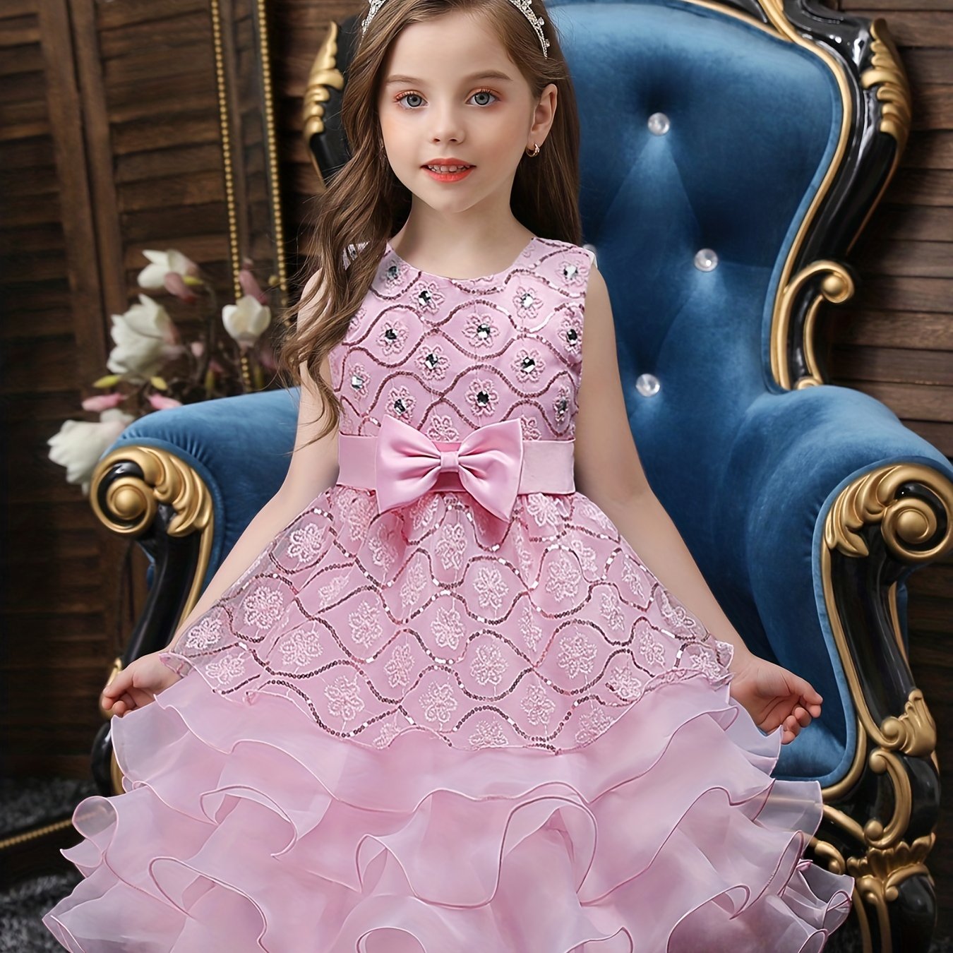 Girls Sleeveless Sequin Flower Princess Dress for Party Wedding Birthday