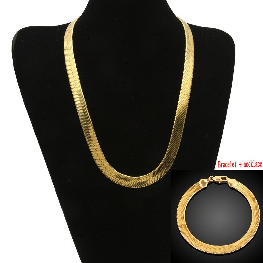 Men's Gold-Tone Flat Herringbone Necklace and Bracelet Set Jewelry Accessories