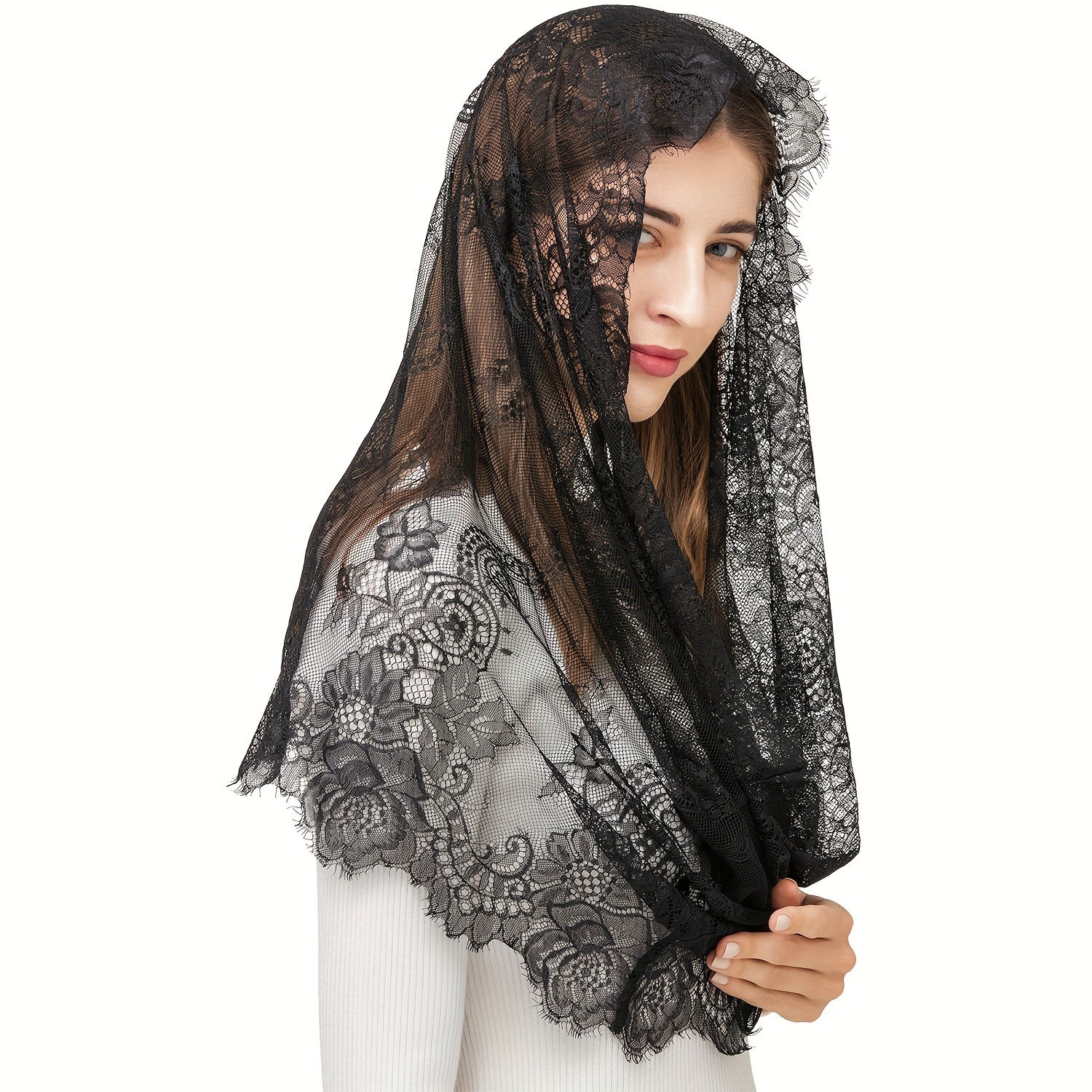 Lace Mantilla Veil with Vintage Style Infinity Shape for Latin Mass and Women