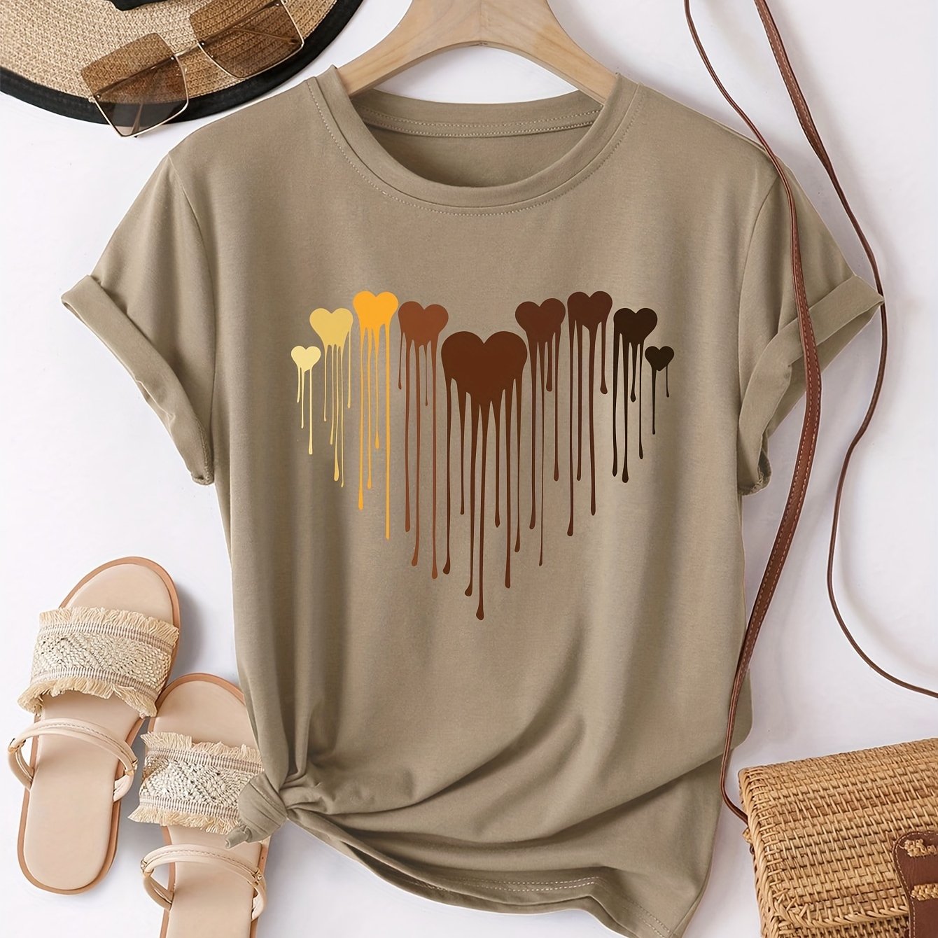 Women's Polyester Blend Crew Neck T-Shirt with Heart Print for All Seasons