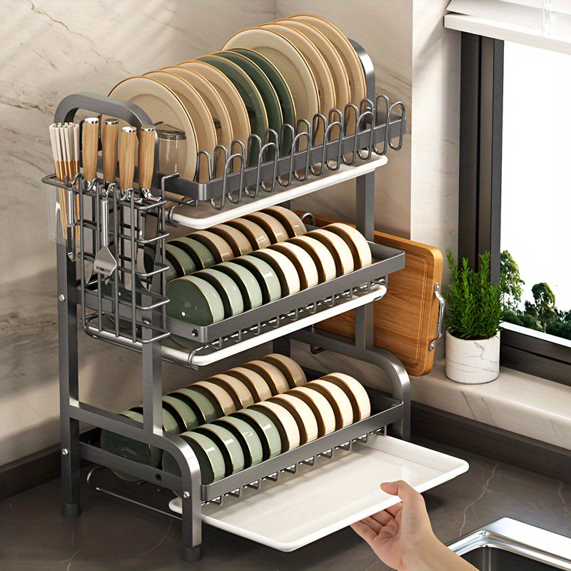 Modern 3-Tier Metal Dish Rack with Drainboard Utensil Holder and Cup Stand