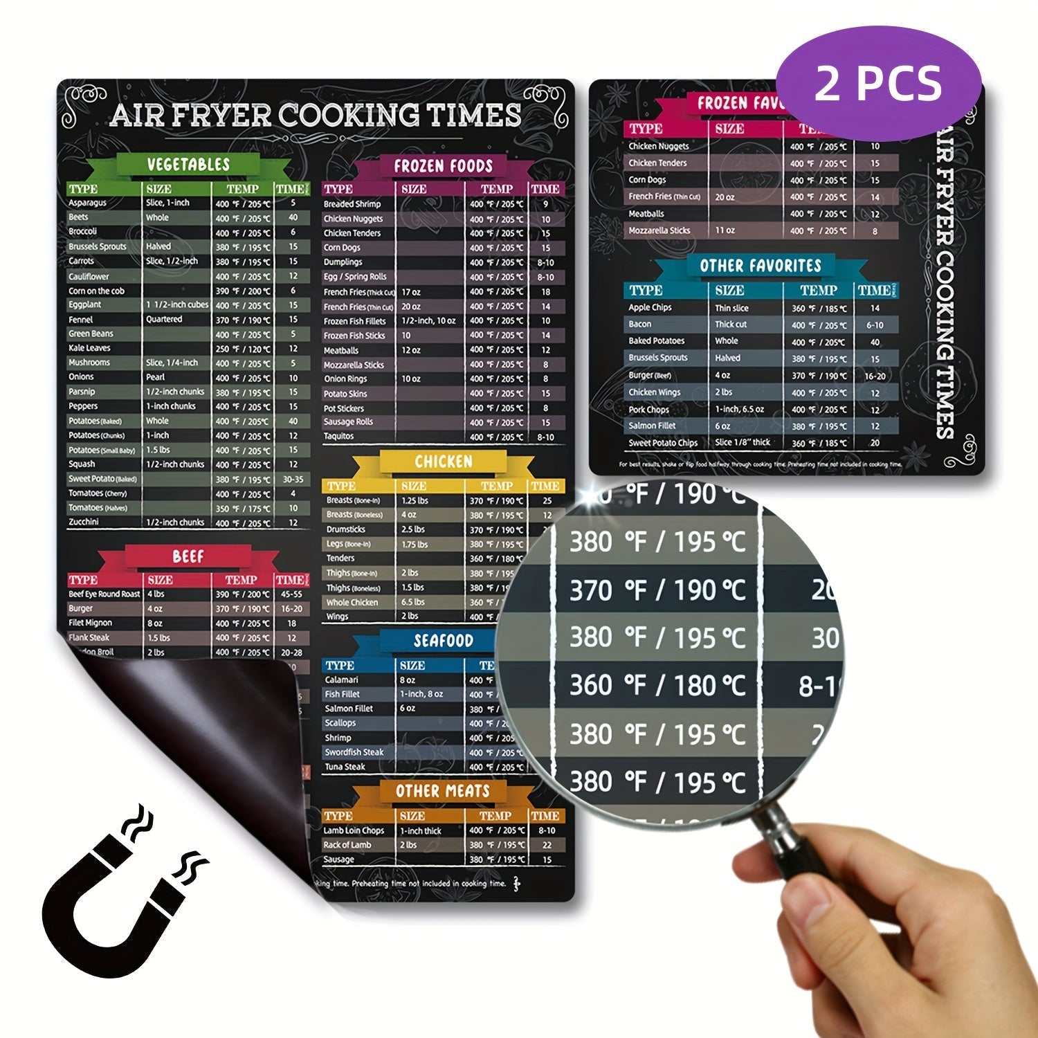 Juego de hoja de trucos para freidora de aire de 2 piezas Guía de tiempo de cocción en la cocina para verduras, carne, mariscos