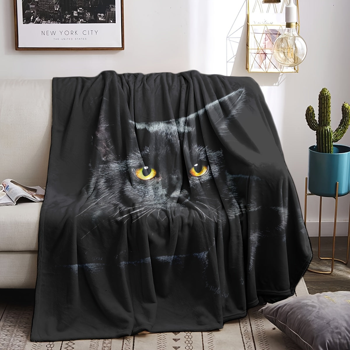Black Cat Print Flannel Throw Blanket for Couch Bed Car Office Camping