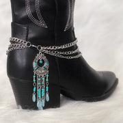 Women Western Boot Chain with Turquoise Beads and Tassel Pendant