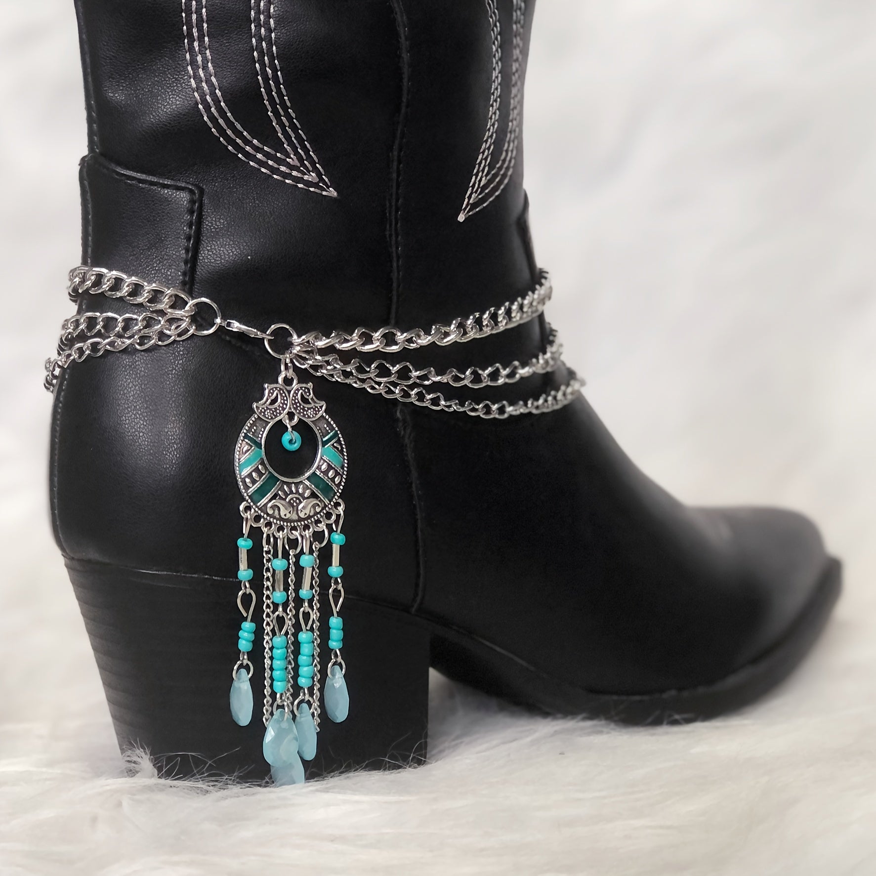 Women Western Boot Chain with Turquoise Beads and Tassel Pendant
