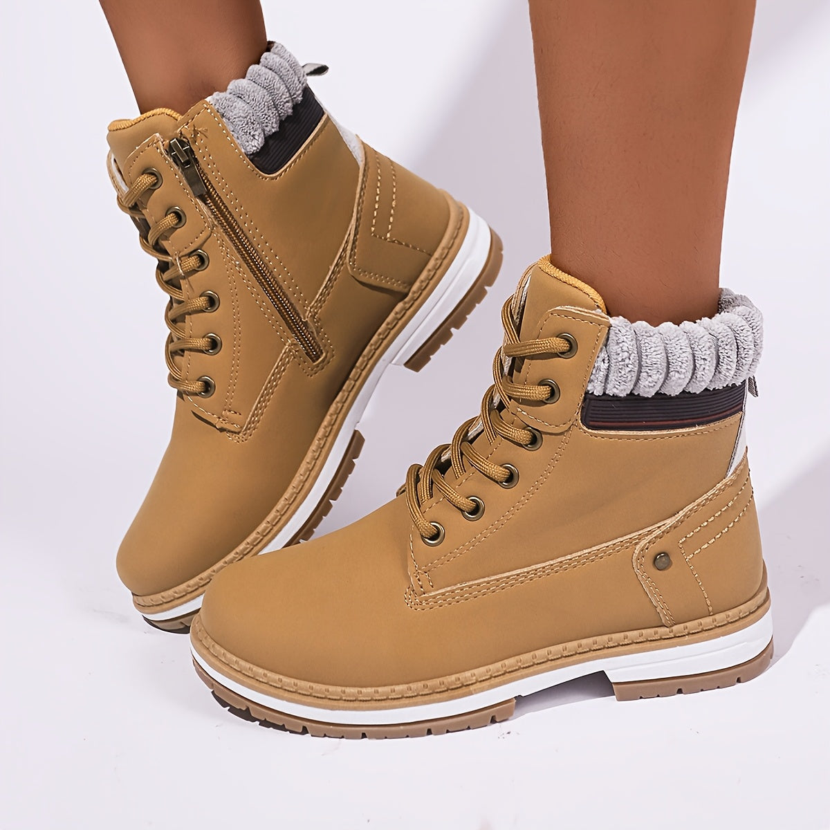 Women's Mid-Calf Ankle Boots Solid Color Flat Heel Zipper Casual Shoes