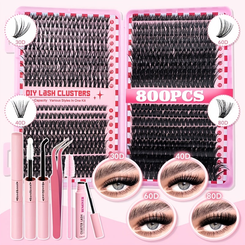 DIY Eyelash Extension Kit with 800 D-Curl Doll Cross Cluster Lashes 9-16mm with Tools