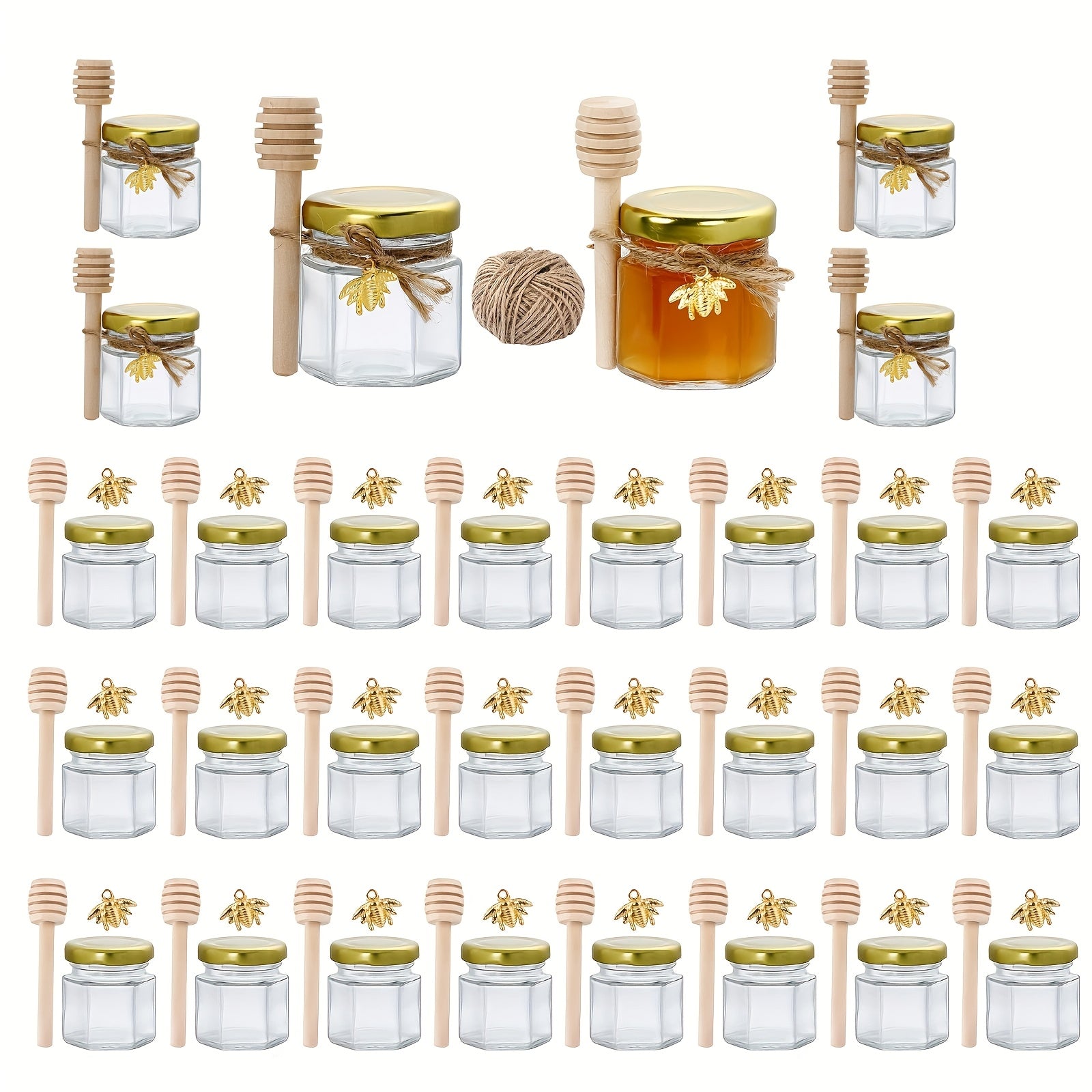 Mini Hexagon Glass Honey Jars 1.5 oz with Wood Dipper and Golden Lid for Jam Candies Favors