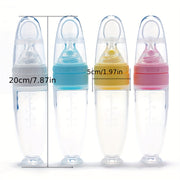 90ml Silicone Baby Feeding Bottle with Soft Spoon Head Self-Feeding Squeeze and Suction Cup in White Red Blue Yellow