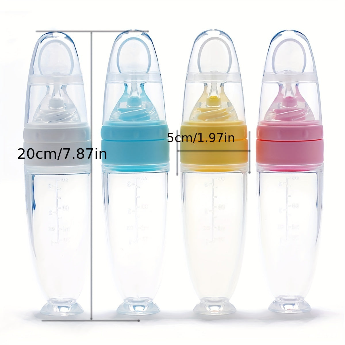 90ml Silicone Baby Feeding Bottle with Soft Spoon Head Self-Feeding Squeeze and Suction Cup in White Red Blue Yellow
