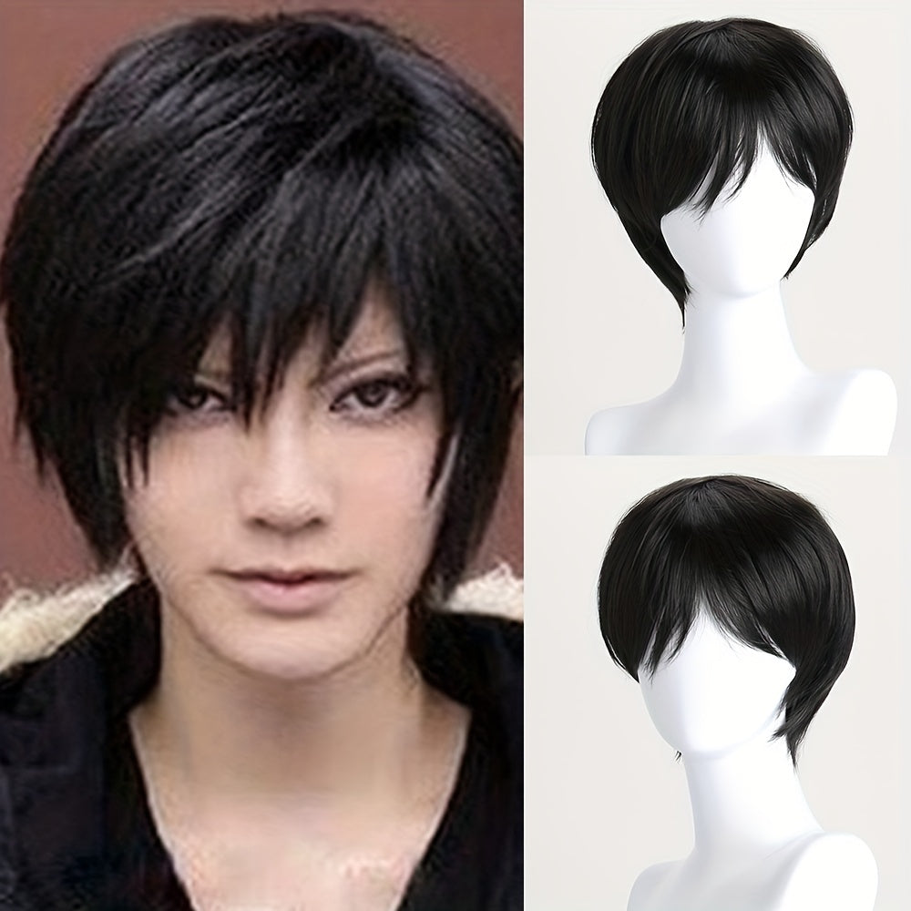 Bir parcha Erkaklar Peruk Anime Cosplay Qisqa Qora Peruk, Qora Issiqqa Qarshi Sintetik Soch Halloween Partiyasi Peruklari + Peruk Qopqog'i, Mukammal Sovg'a Variant