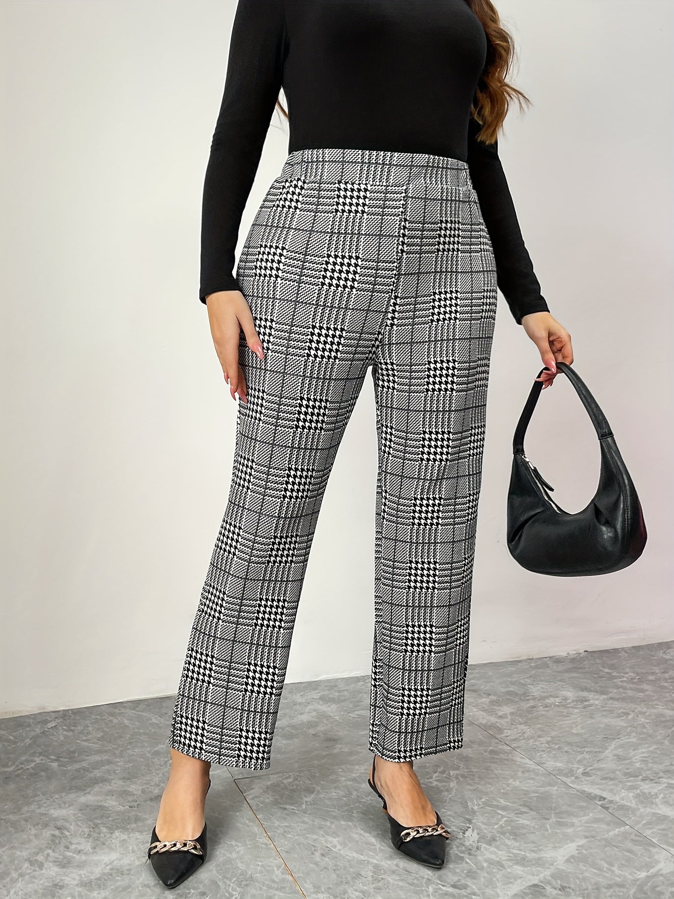 Pantalones rectos de mujer talla grande en poliéster con estampado geométrico de pata de gallo