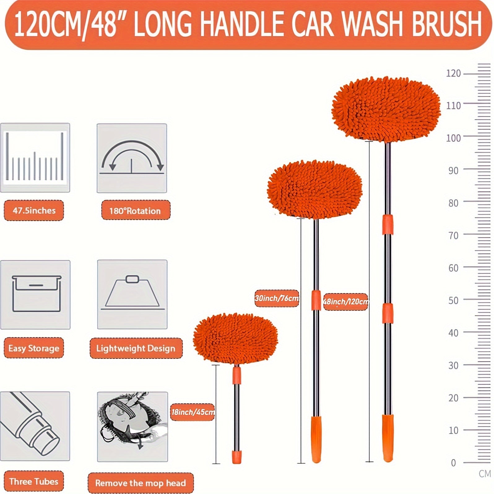 120.65cm Microfiber Car Wash Brush Set Long Handle 2-in-1 for Cars Trucks SUVs Boats