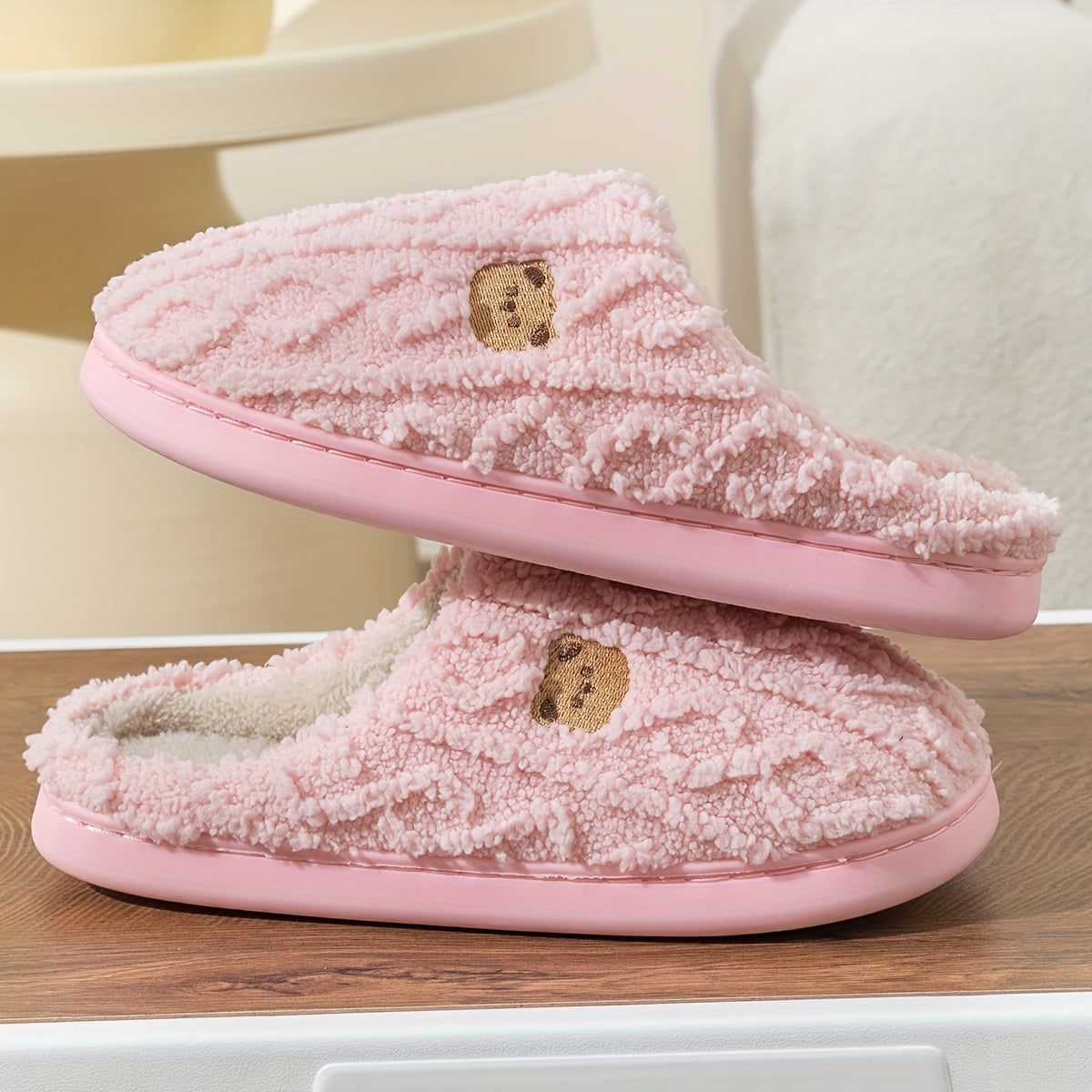 Women’s Slippers Soft Fabric Warm Winter Slip-Ons with Bear Print